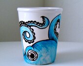 Ceramic Cup Hand Painted Blue Octopus Kraken Nautical Sea Creature Cephalopod Ivory Black - READY TO SHIP