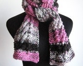 Hand Knit Scarf Orchid Grey Black Multicolor Cable and Lace Vegan Scarf Womens Orchid Scarf  Pink Grey Black Knit Scarf