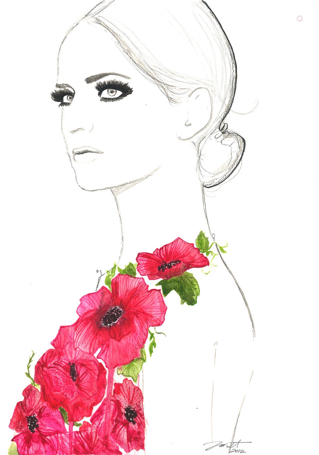 Original watercolor and pen fashion illustration by Jessica Durrant titled, Always the Flower Child