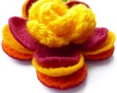 Crochet Flower Brooch in Golden Yellow with Fuchsia, Golden Yellow, Orange & Green Felt Accessory - Mother's Day Gift / Gift for Her