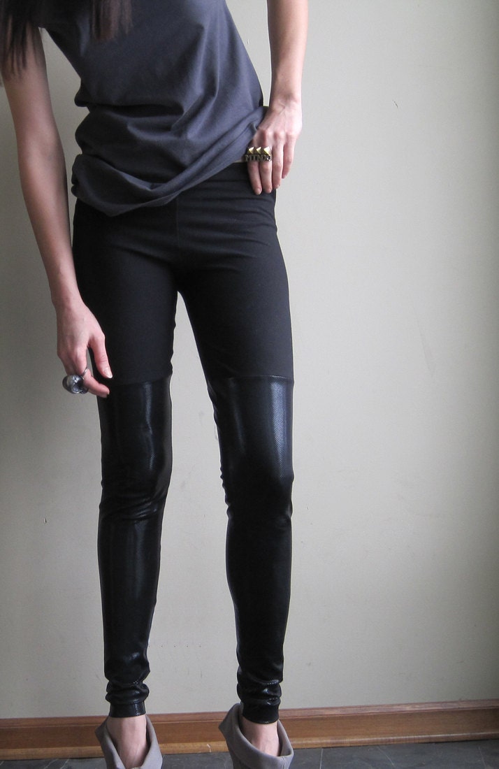 Minimalist grunge leggings - metallic black faux thigh highs made with shining spandex - large - Minxshop