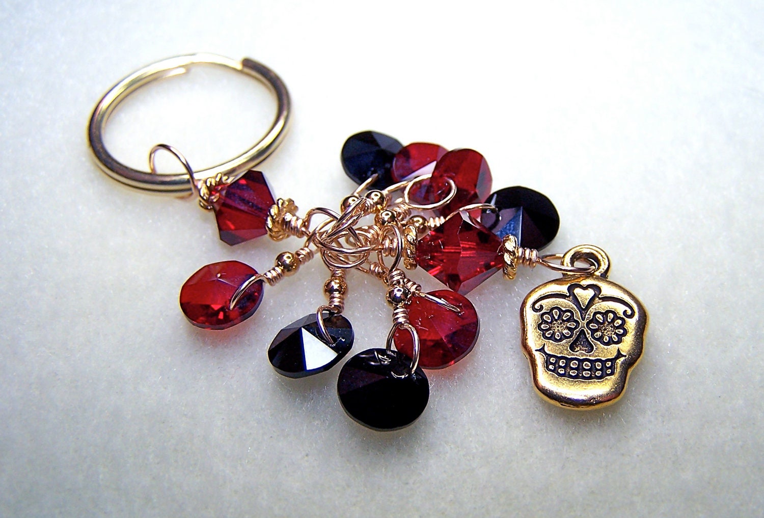 Sugar Skull Keychain - Day of the Dead - Key Chain - Gold Keyring with Red and Black Swarovski Crystal Beads and Skull Charm - Handmade