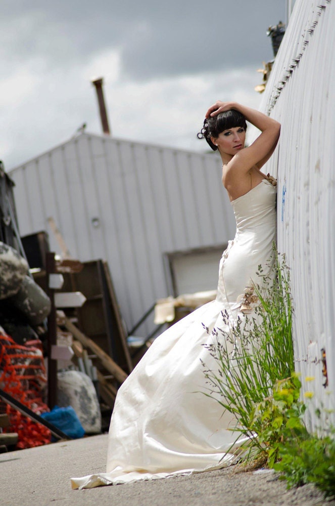 Catherine- Custom Silk Mermaid Wedding Gown with Pleated Skirt and Flowers.