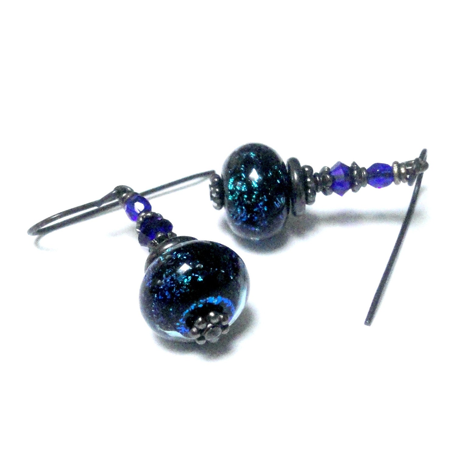 Neon Blue Statement Earrings, Beadwork Earrings, Blue Black Glass Bead Earrings, Dangle Earrings - Statement Jewelry