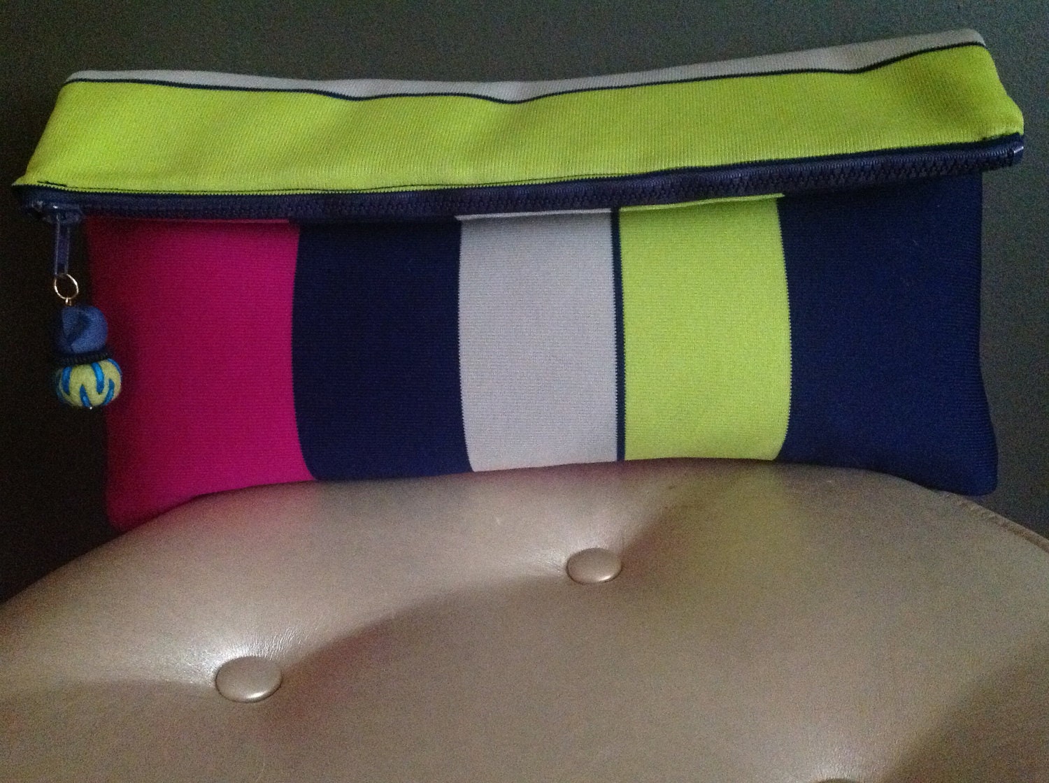 Oversized Lime Green,Purple, Eggshell, and Blue Striped Fabric Clutch