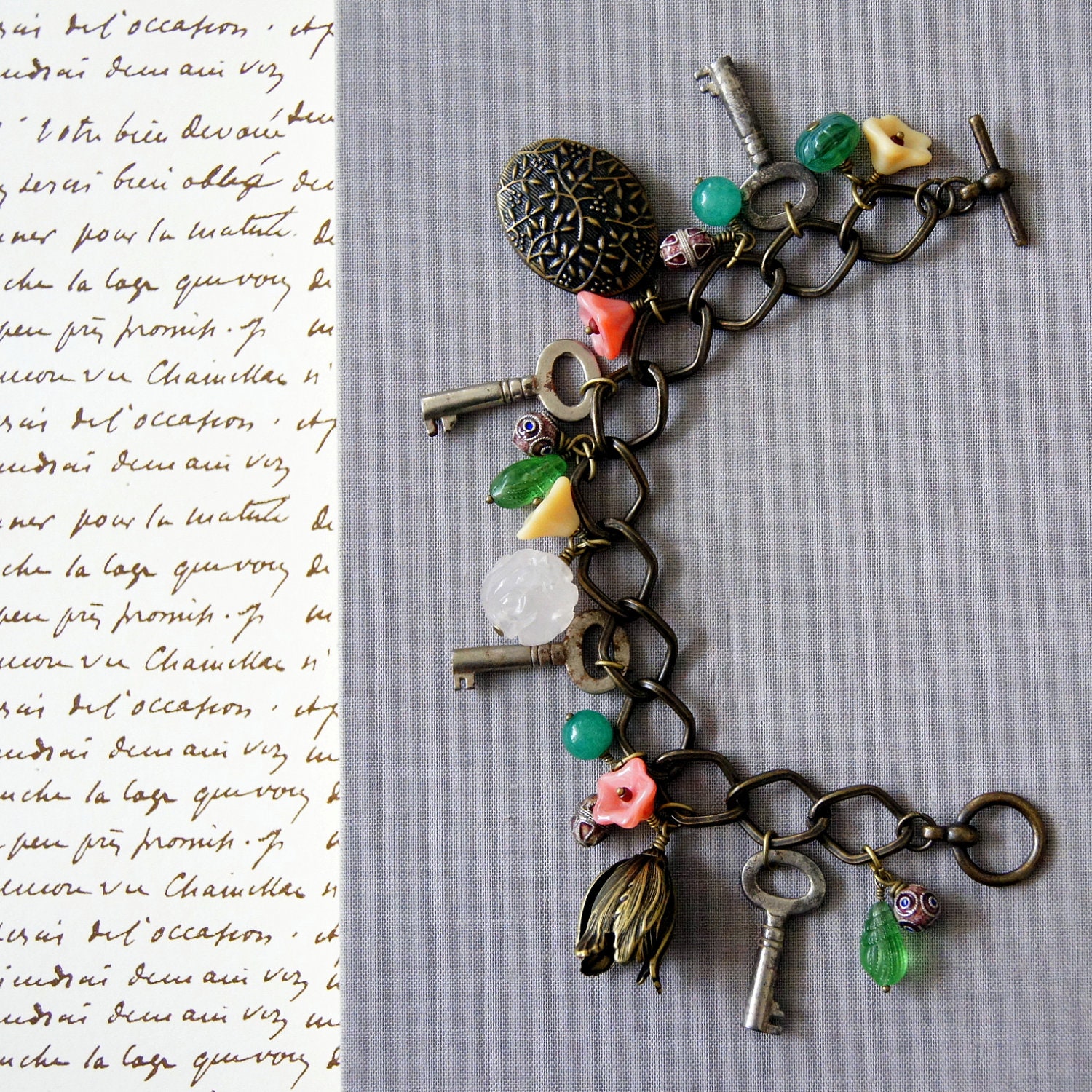Botanical Antique Key Charm Bracelet: Le Jardin Secret, Secret Garden, keepsake pouch and gift box included