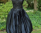 80's Gunne Sax Black Strapless Sequin Lace and Satin Tie Back Full Skirt Princess Waist, Sweetheart Cocktail Party Dress