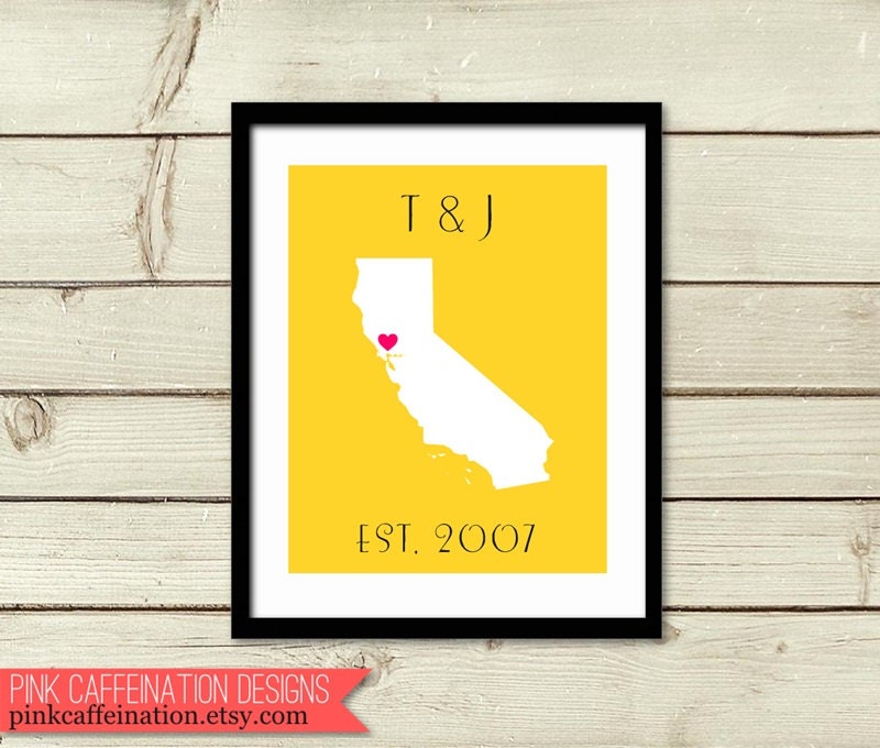 San Francisco CA Print - California Heart Print - Personalized CA State Love Print - Family Print - Bay Area CA Print Yellow