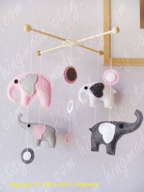 Elephants Mobile - Baby Crib Mobile - Nursery Mobile - Room Decor - Polka Dot Gray Pink White Elephants theme (You can pick your colors)