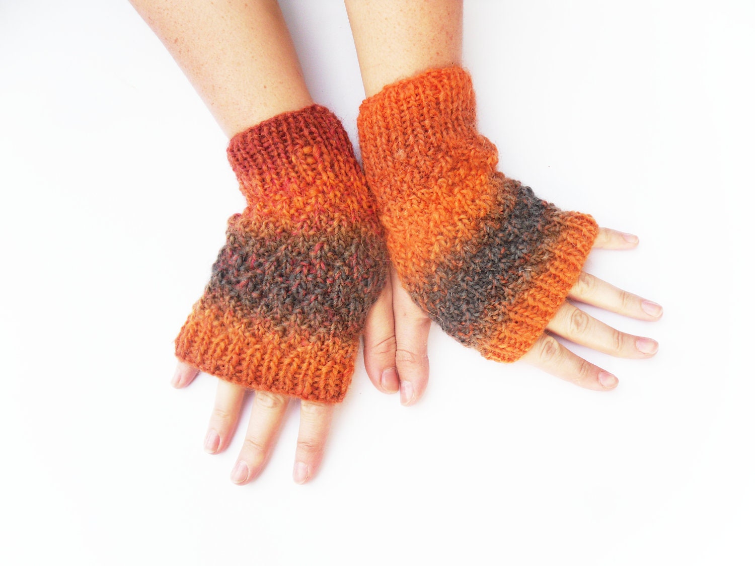 Autumn hand warmers hand knitted in chunky colourful yarn womens fingerless gloves / mittens