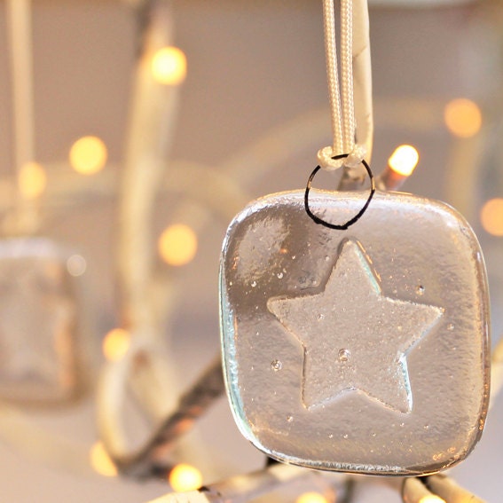 Stars,  set of 5 clear glass Christmas tree decorations