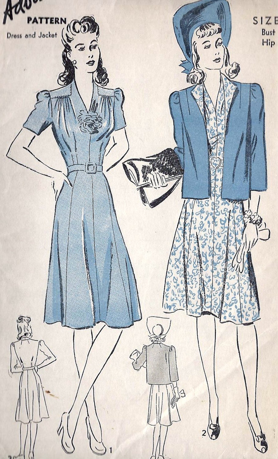 1940s Dress Vintage And Jacket Sewing Pattern,V Neckline, Advance 2772 Bust 38"