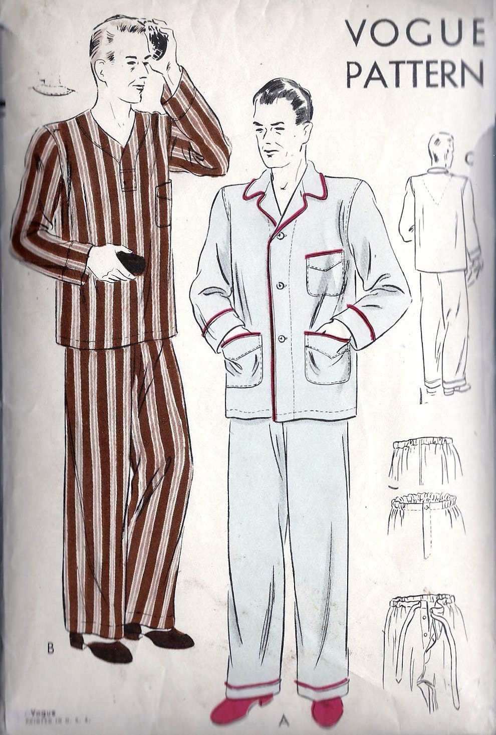 1940s Men's Pajamas Vintage Sewing Pattern,Two Piece Top and Trousers Vogue 8751 chest 40" to 42"