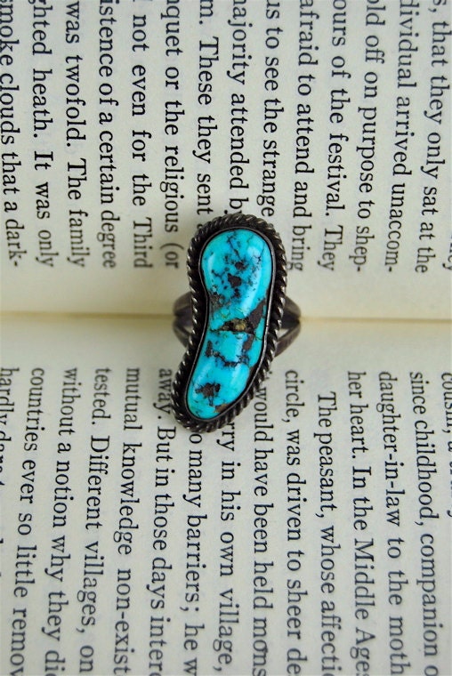 vintage ring, 1970's Native American sterling silver large TURQUOISE cabochon ring, size 6 - 6.5