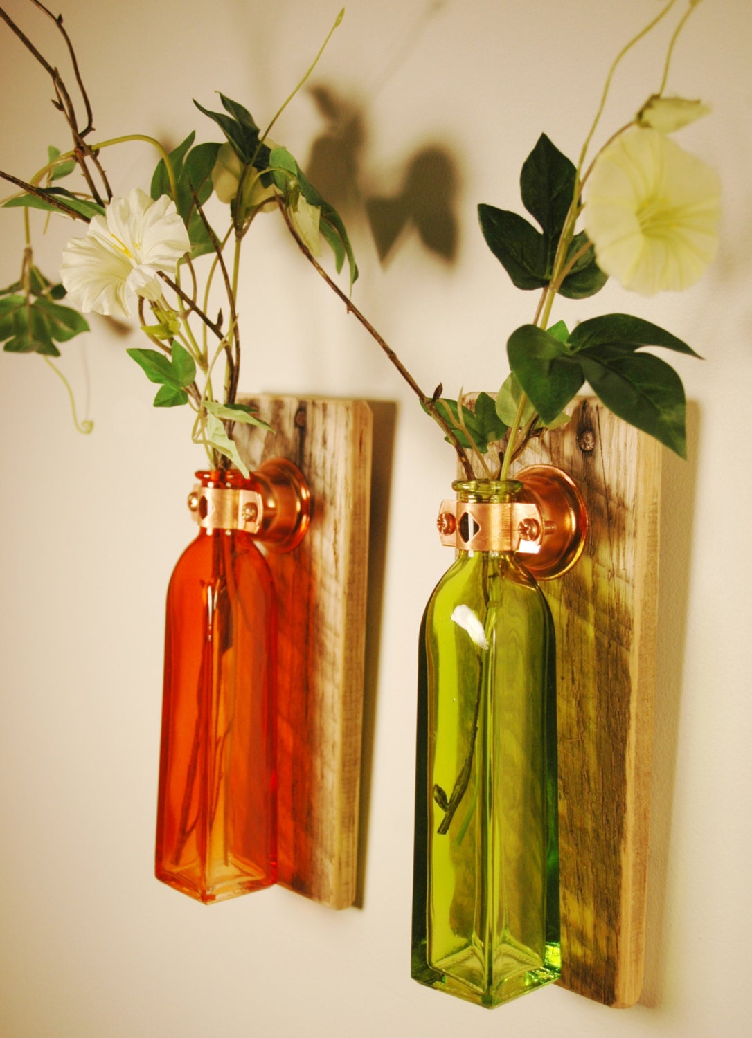 Square Colored Bottle Pair each mounted on Recycled wood for unique rustic wall decor bedroom decor kitchen decor