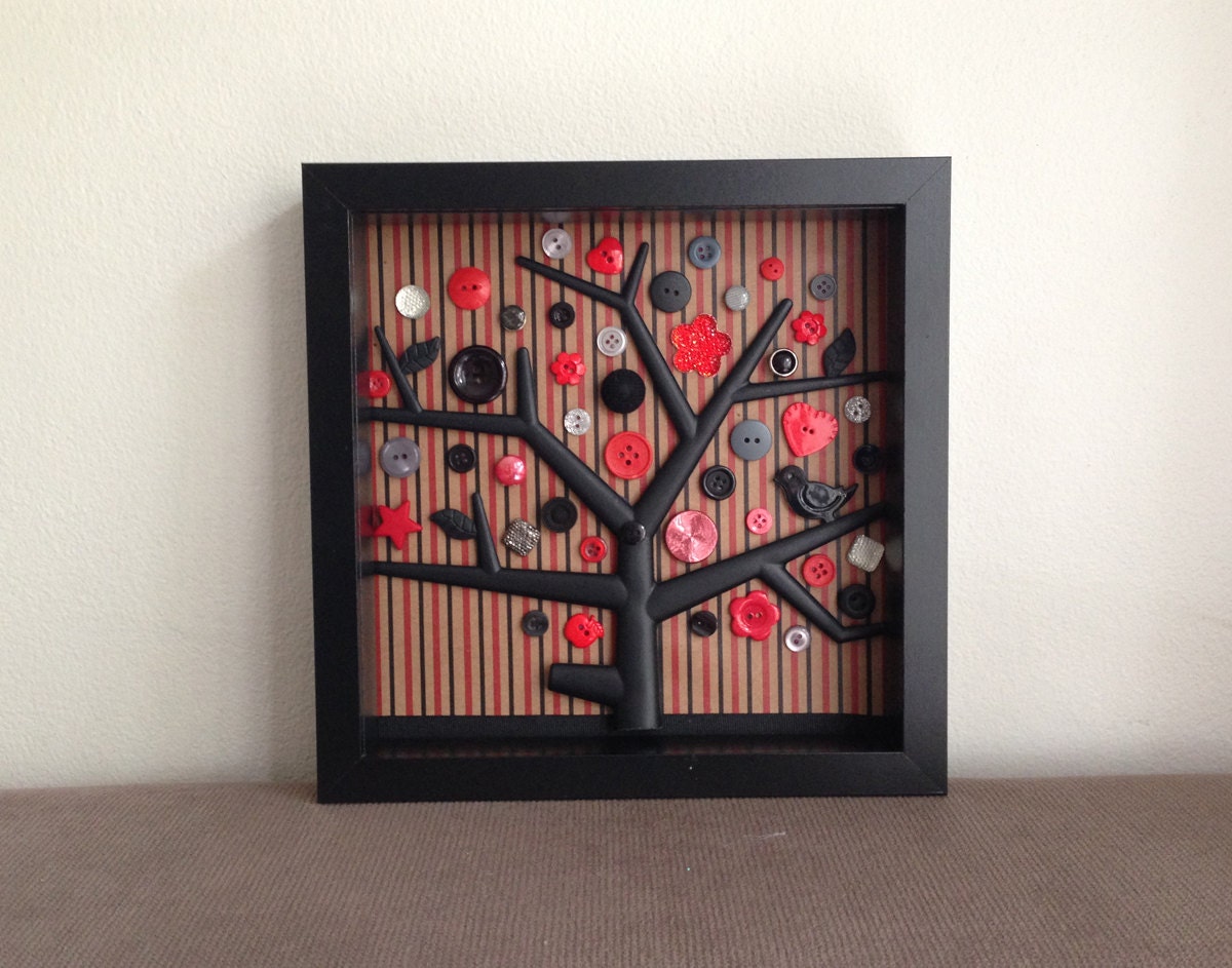 Mixed Media Art, Button Tree, Home Decor, 3D art, Black and Red Vintage Buttons  in Framed Shadow Box