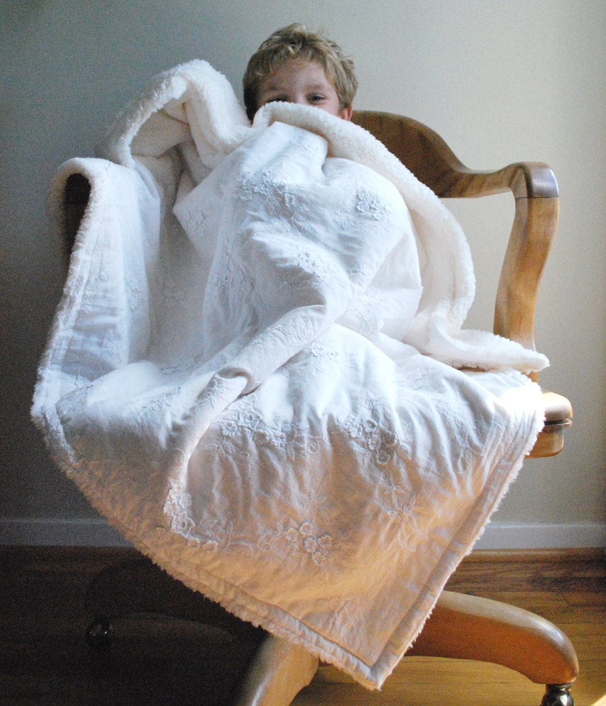 White Flower Embroidery Baby Blanket - Shearling  Backed  OOAK and ready to ship