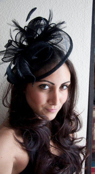 Black Fascinator - "Penny" Mesh Hat Fascinator with Mesh Ribbons and Black Feathers