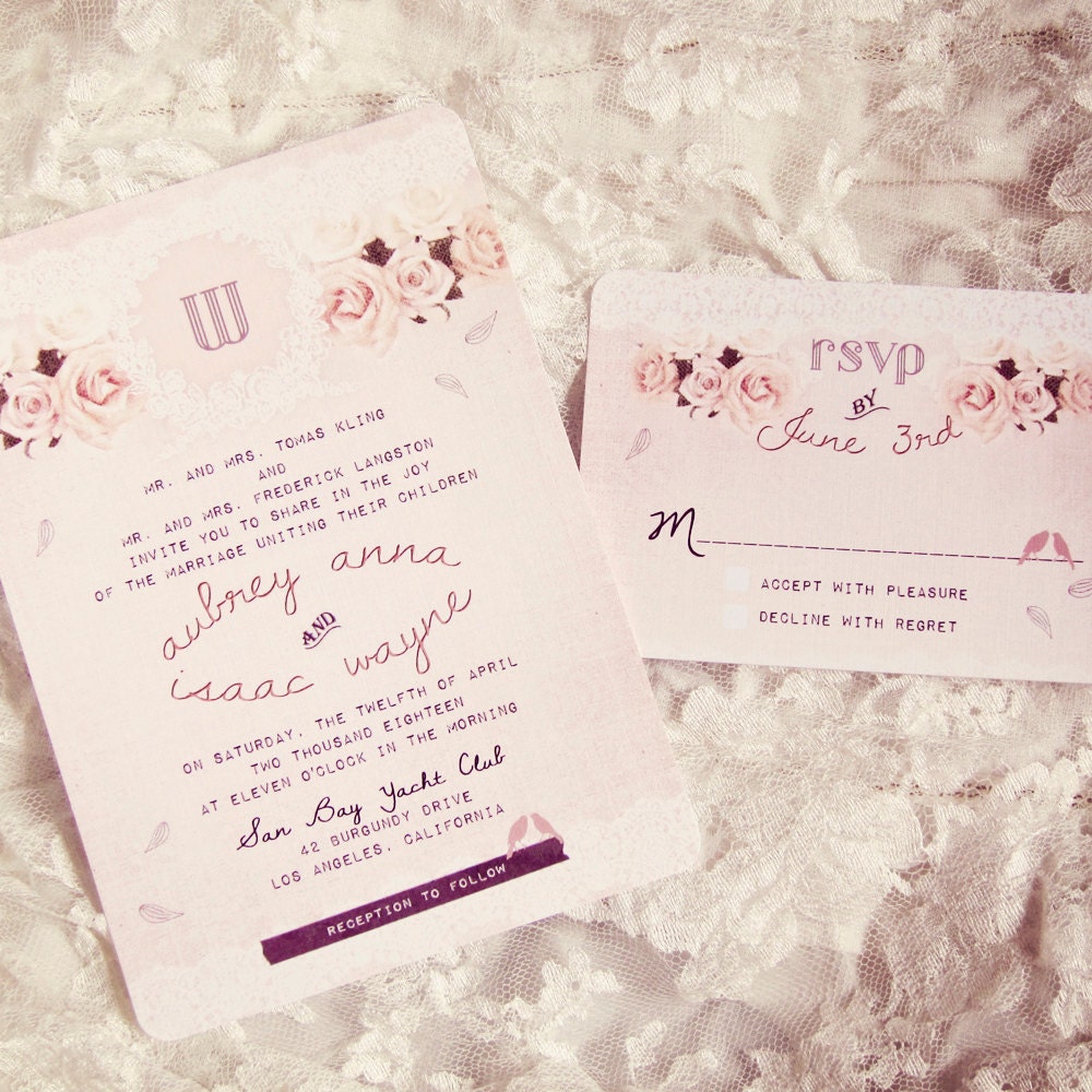 Whimsical Wedding Invitations - Falling for Roses. Birds. Lace - DEPOSIT