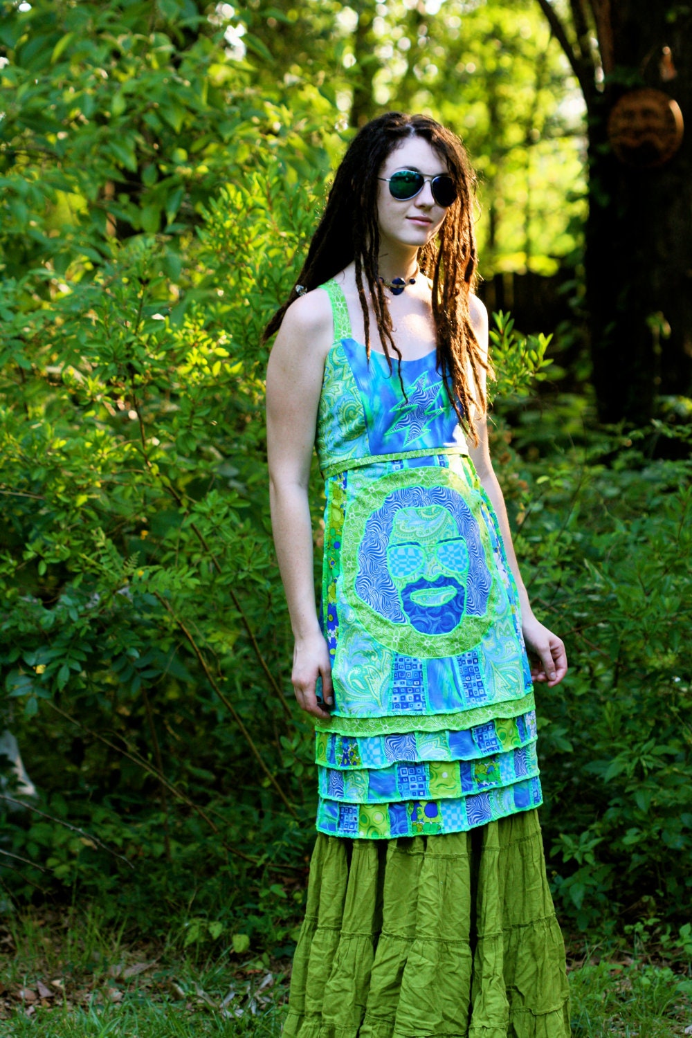 OOAK  Handmade Psychedelic Jerry Garcia Grateful Dead Lightening Bolt  Furthur hippie  Applique Patchwork Apron Dress Top