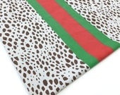 Leopard Spots and Red and Green Gucci Style Stripes Fabric Tablecloth Square Card Table Size by Martex Hollywood Regency