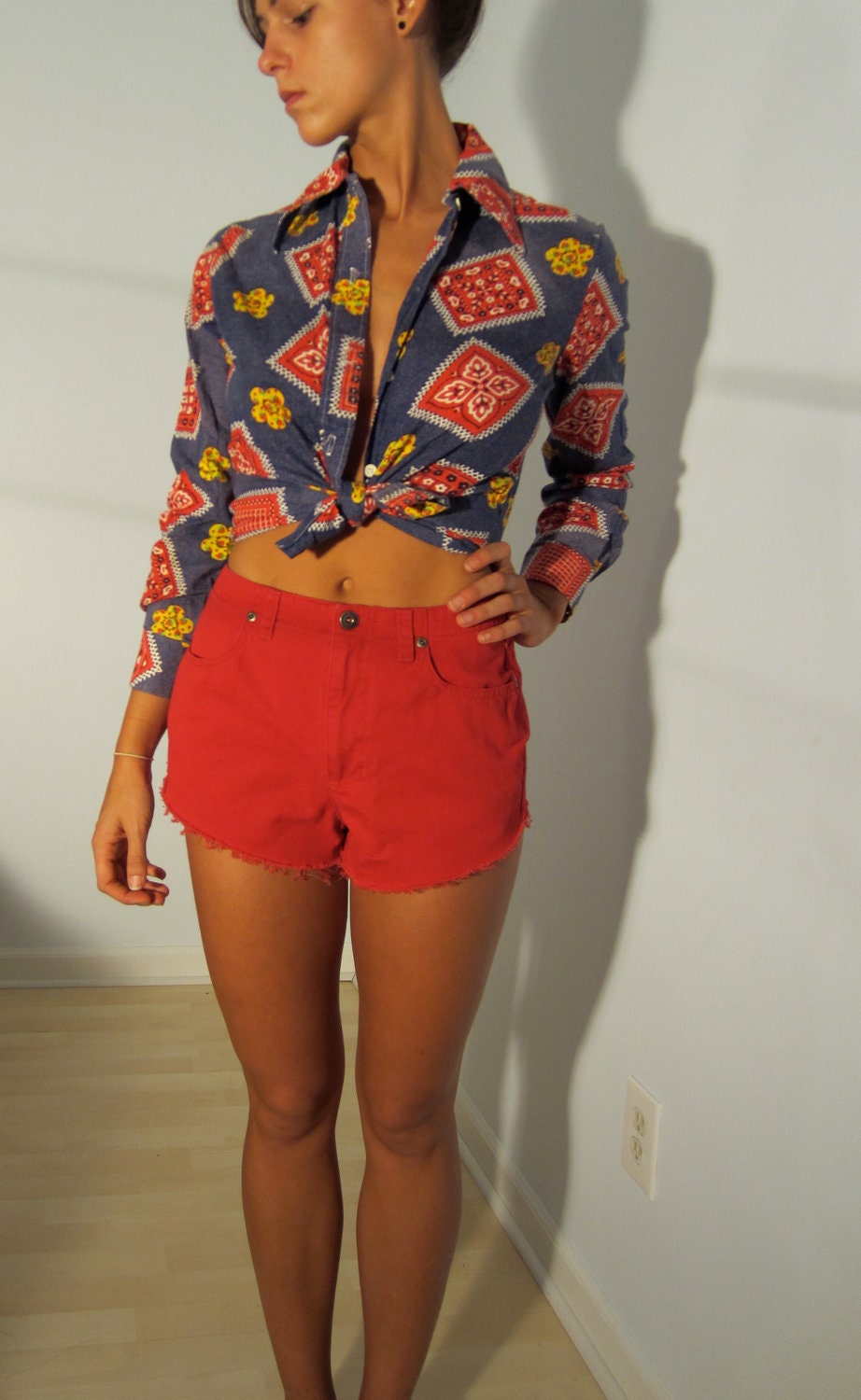 Hippie Ho Down Button Up Blouse XS S Denim Print Yellow Daisies 70s Handmade Red Bandana Urban Grunge Club Kid Festival Wear