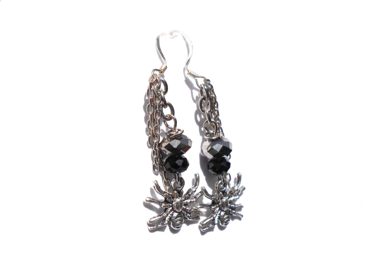 Spider Earrings - Halloween Earrings - Grey Crystal Rondelle Beads, Chain Dangle Earrings