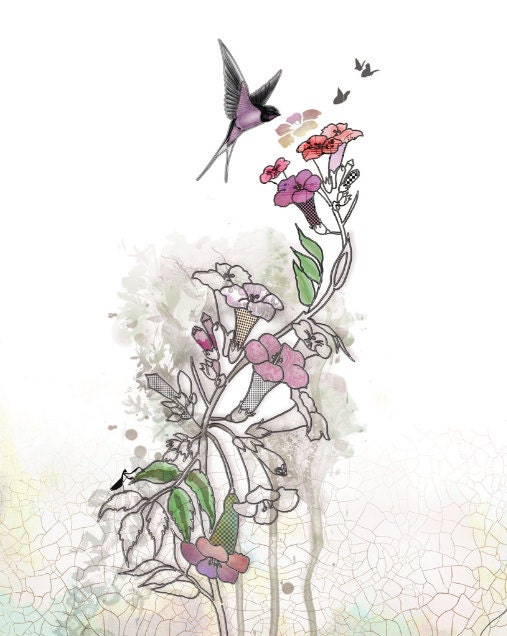 Hummingbird art, Watercolors paintings Original, Pen and ink Watercolor, Pink and Fuschia