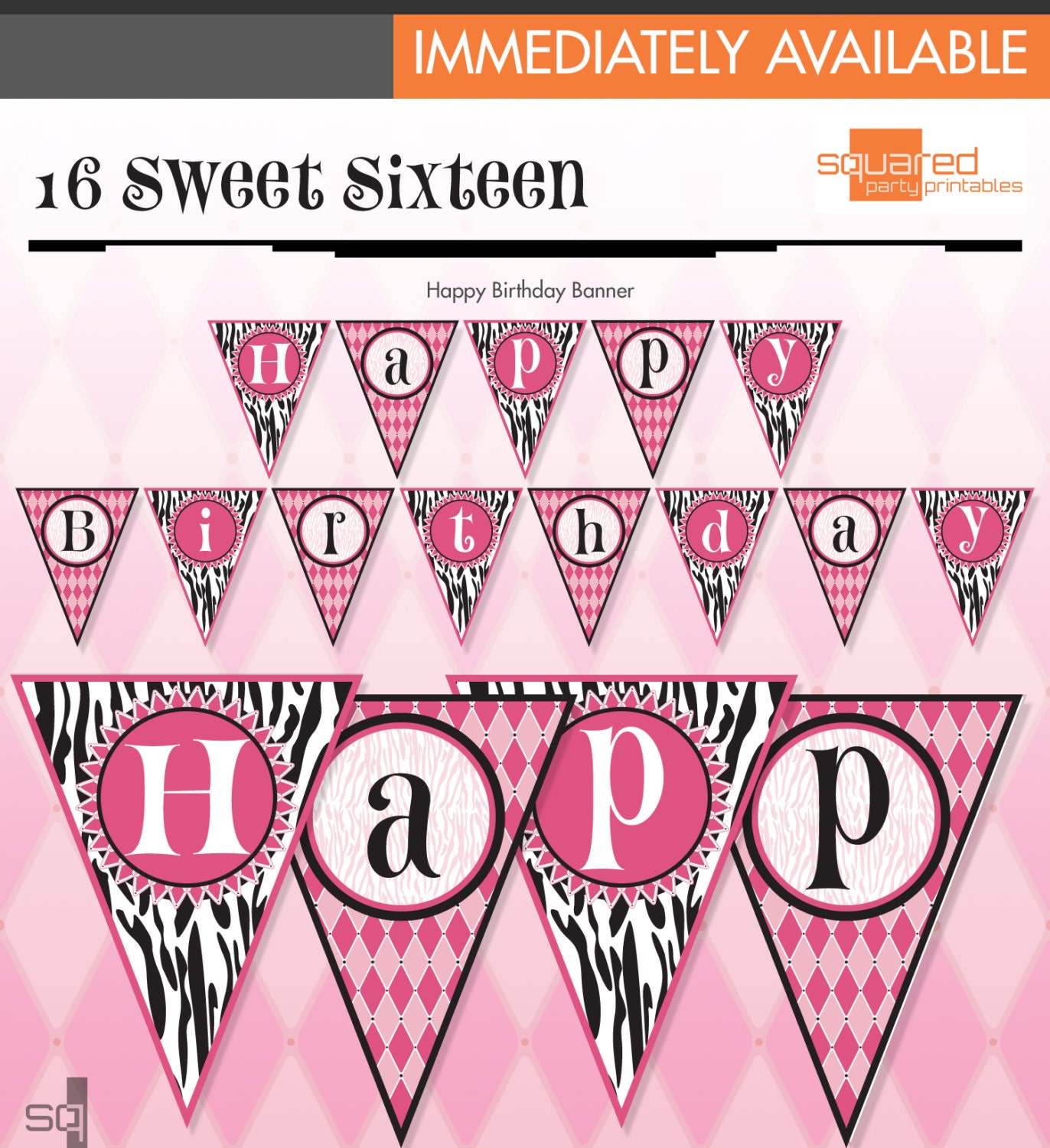 Zebra Happy Birthday - Banner - Hot Pink - DIY Print - Zebra Print and Hot Pink - Instant Download Il_570xn