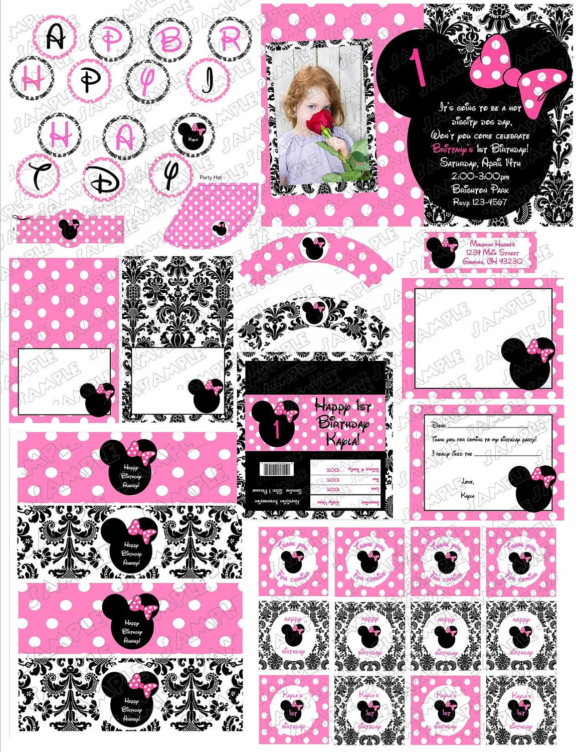 Minnie Mouse Damask inspired party with customization .... printable party supplies by 2fungraphics Il_570xn