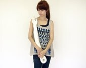Occult Geometry Print Sheer Tank Top - Cross Shirt Geometric Zen Print Gray Mint Chiffon Tunic Blue and Black Print