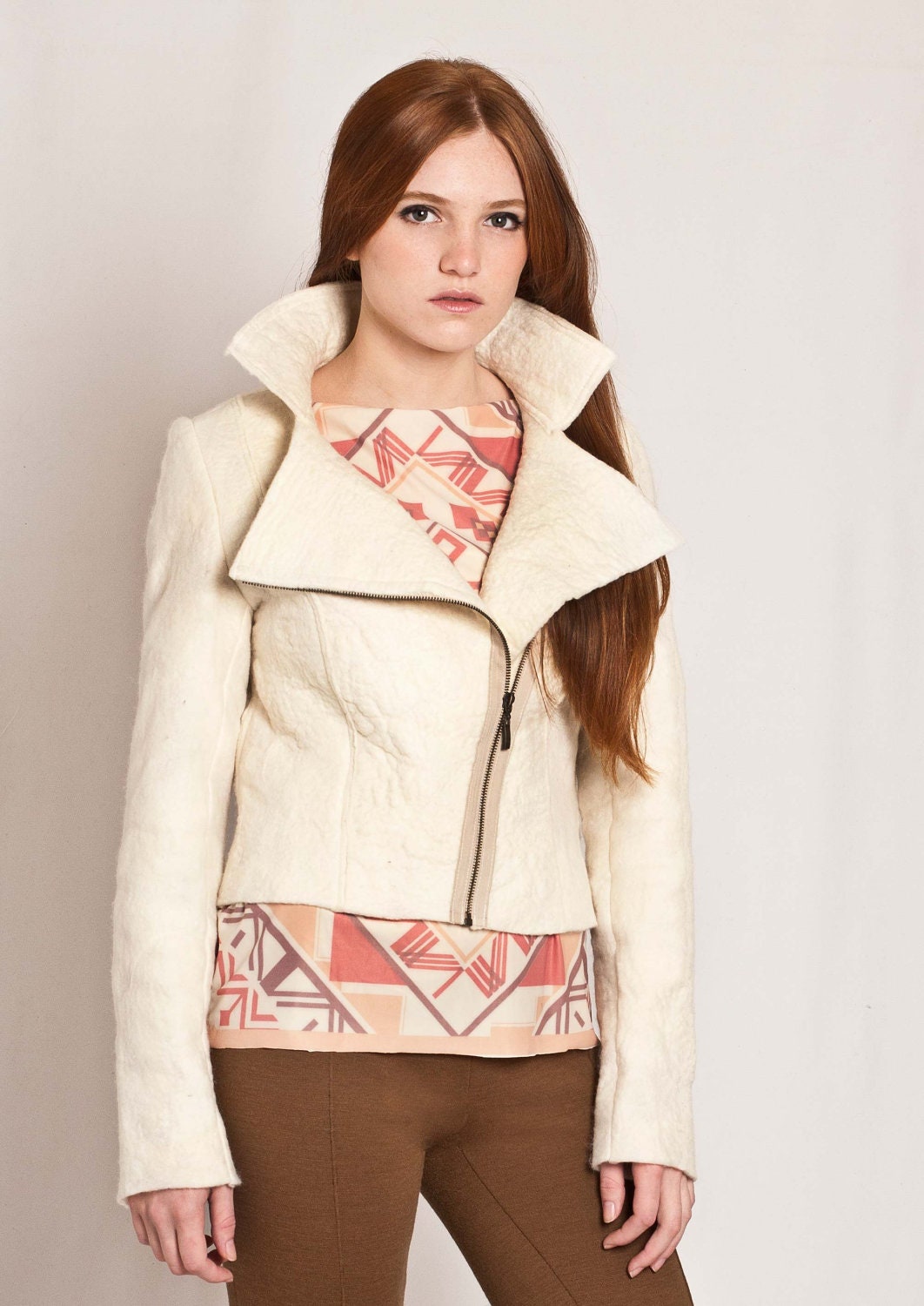 Biker Cropped jacket, White blazer, Moto style jacket, chic asymmetric lapel closure by Texturable