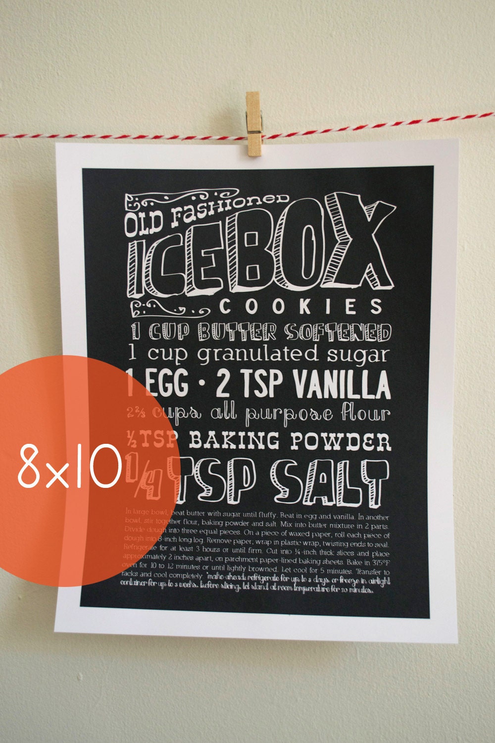 8x10 Kitchen Art Print of Old Fashioned Ice Box Cookie Recipe with Handlettering