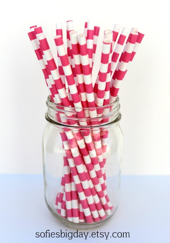 SALE HOT PINK Horizontal Stripe Paper Straws- 25 Pink stripe paper straws-cake pop sticks- pink stripe straws-retro pink straws-25 count Il_570xn