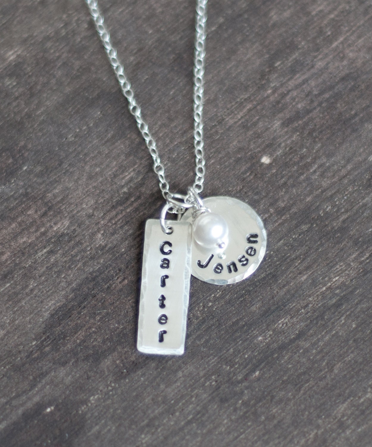 TWO Name Charm Necklace With Pearl - Personalized Hand Stamped Sterling Silver Mommy Jewelry
