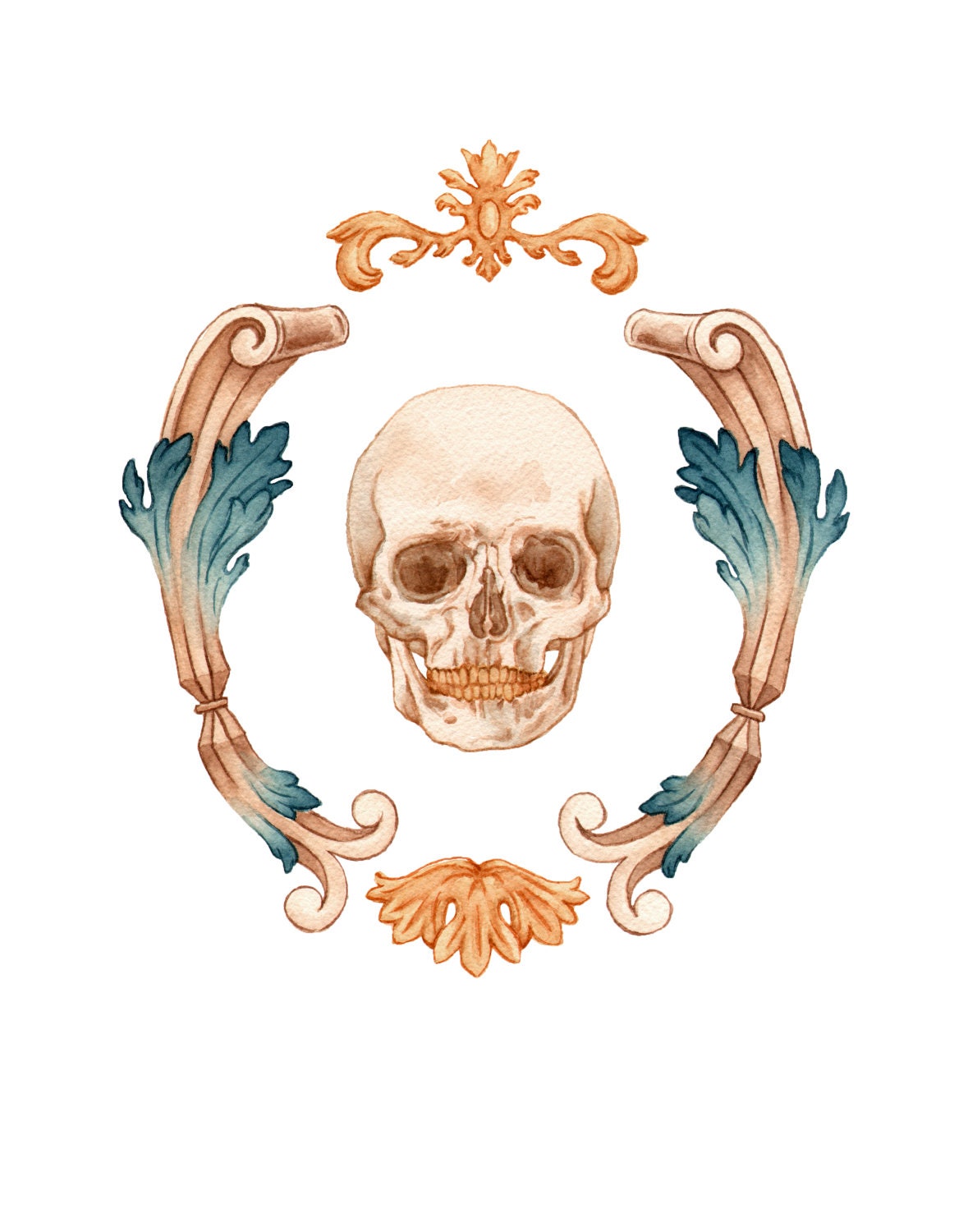 8x10" PRINT of original watercolor "King Cranium"- painting, art, anatomy, skull, picture frame, pirate, nautical art