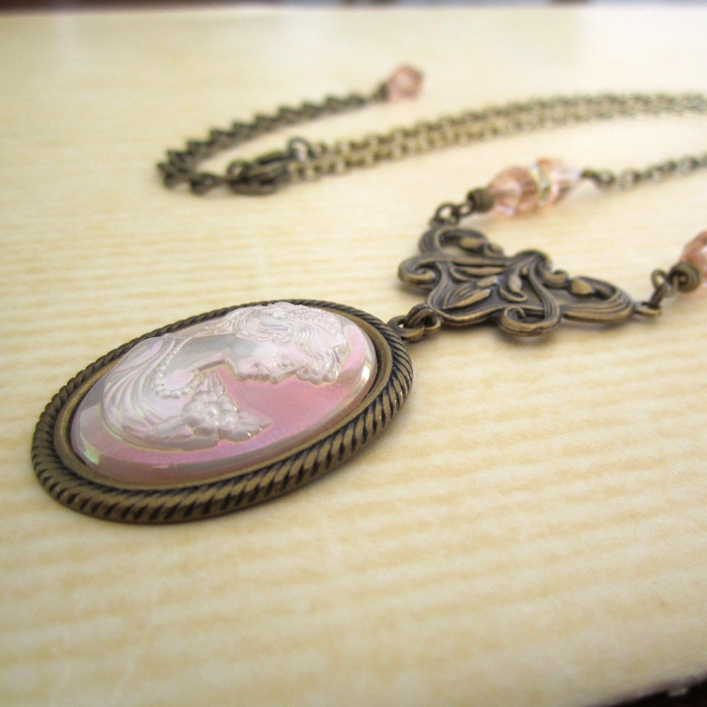 Victorian Cameo Necklace - Pearlescent Peach Light Rose Pink  - Lolita Jewelry