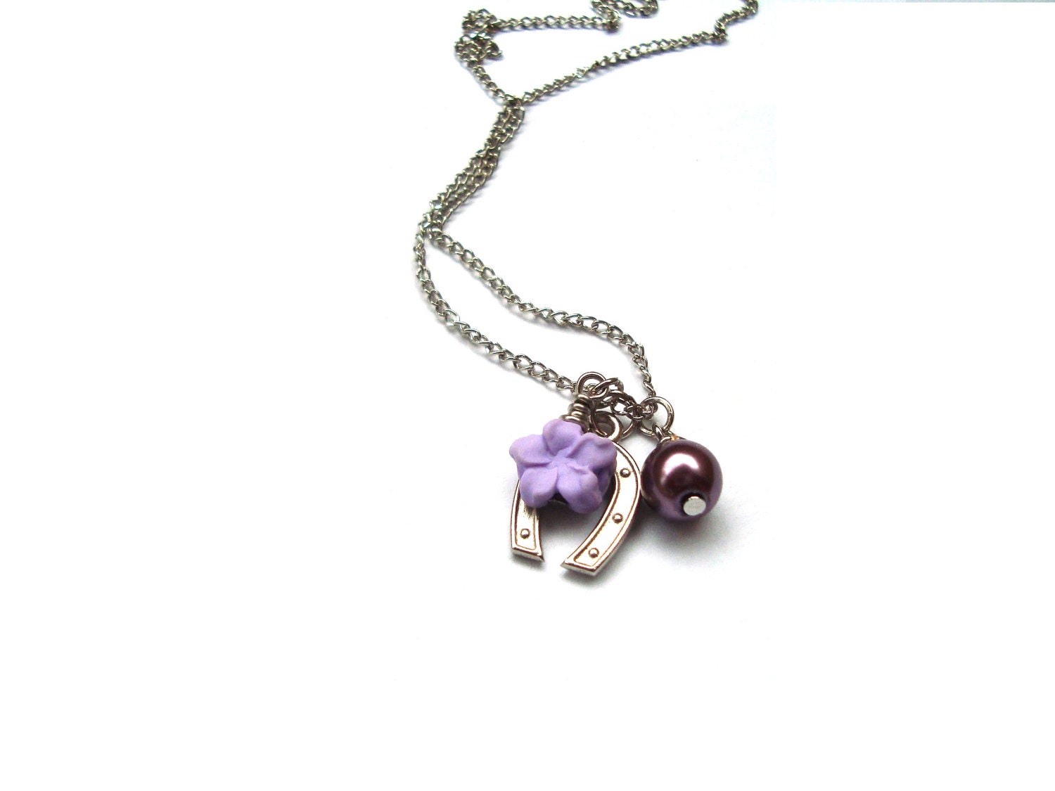 Horseshoe Necklace. Lucky Necklace Polymer Clay Lilac Petite Flower Necklace. Purple Glass Pearl. Charm Necklace. Friendship Bridesmaid Gif