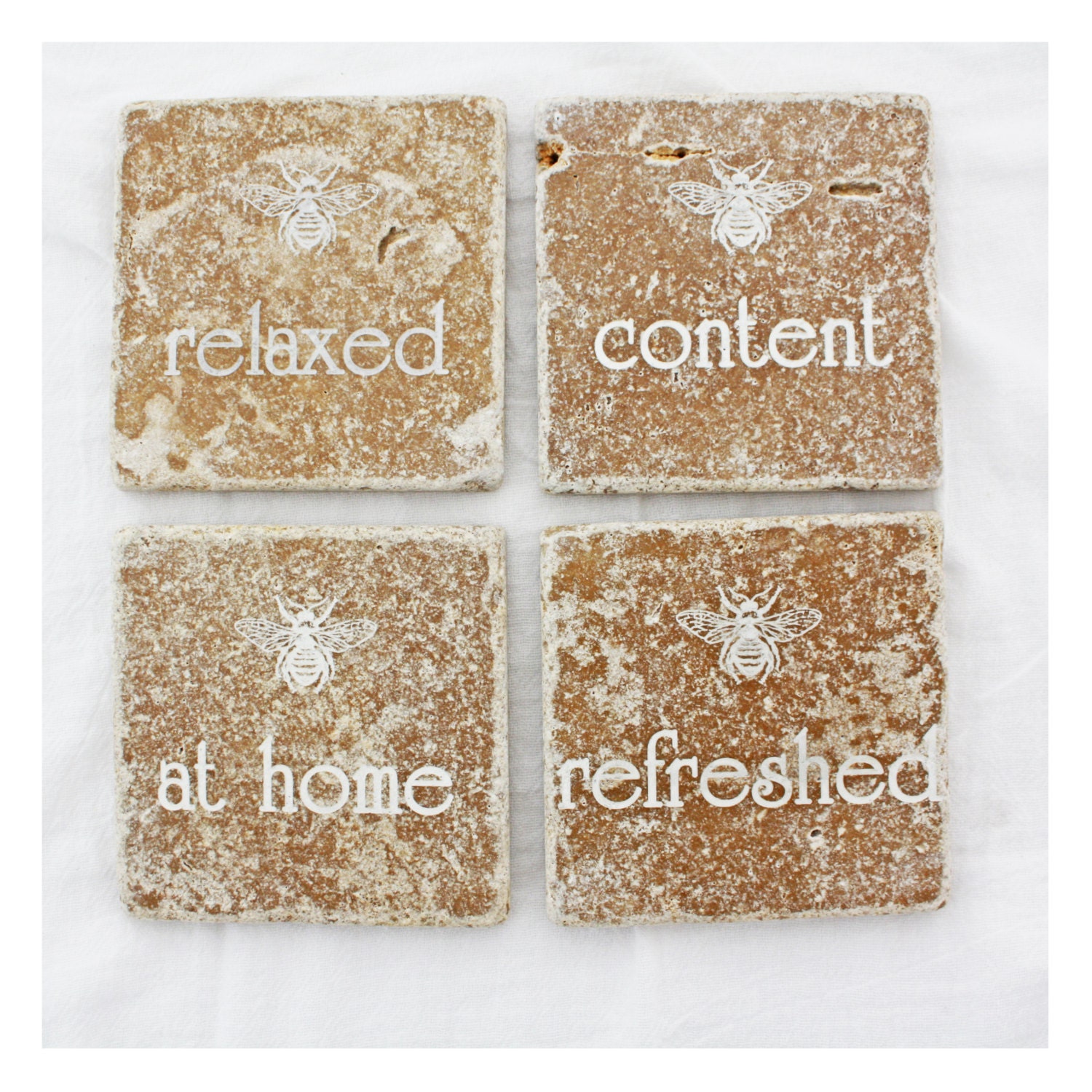 Engraved Stone Coasters, Be Relaxed, Be Content, Be At Home, Be Refreshed. Bee eco decor by Milk & Honey