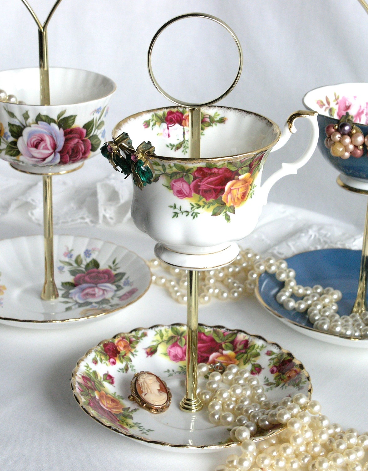 Classic 2 tier jewelry stand, mini cakes, cookies, truffles stand: Royal Albert Old Country Roses cup and saucer mini stand