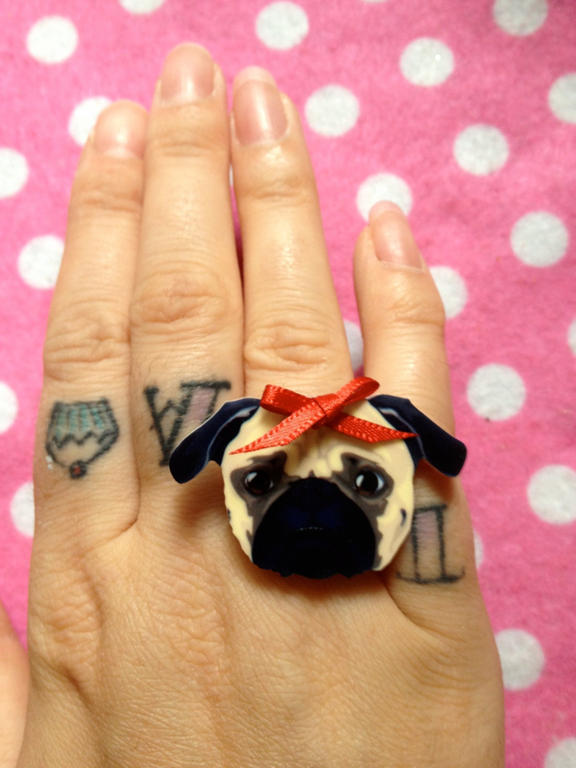 Cute Acrylic Pug Dog With Red Ribbon Bow Ring