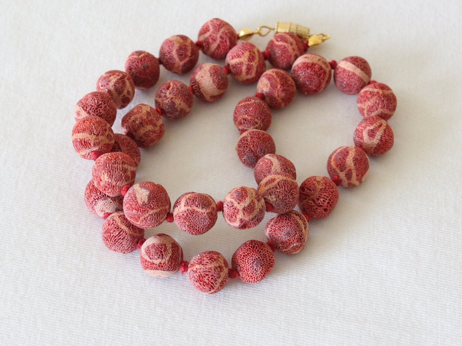 Sponge Coral Necklace. Natural Sponge Coral Beads. 10mm Red Pink Beads. Hand knotted. MapenziGems