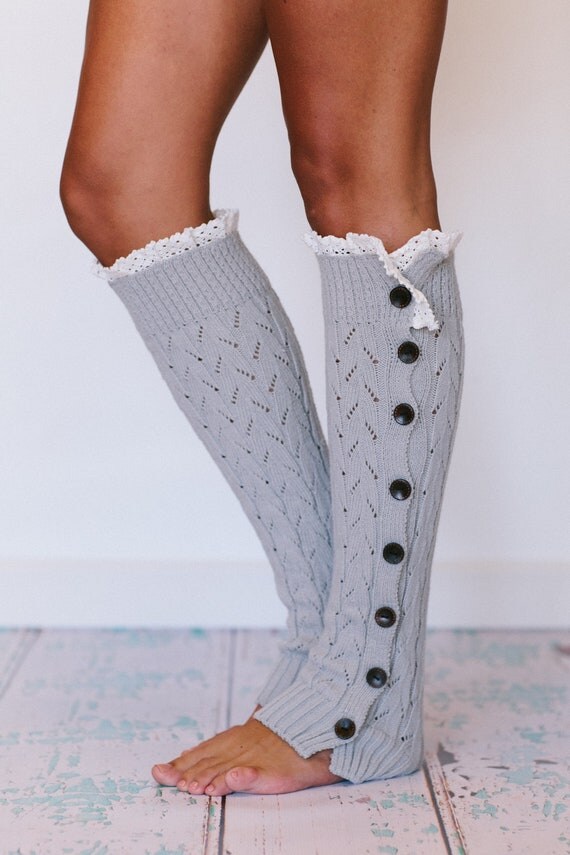 Lacy Knitted Leg Warmers Button Down Platinum Gray (LWK1-03)
