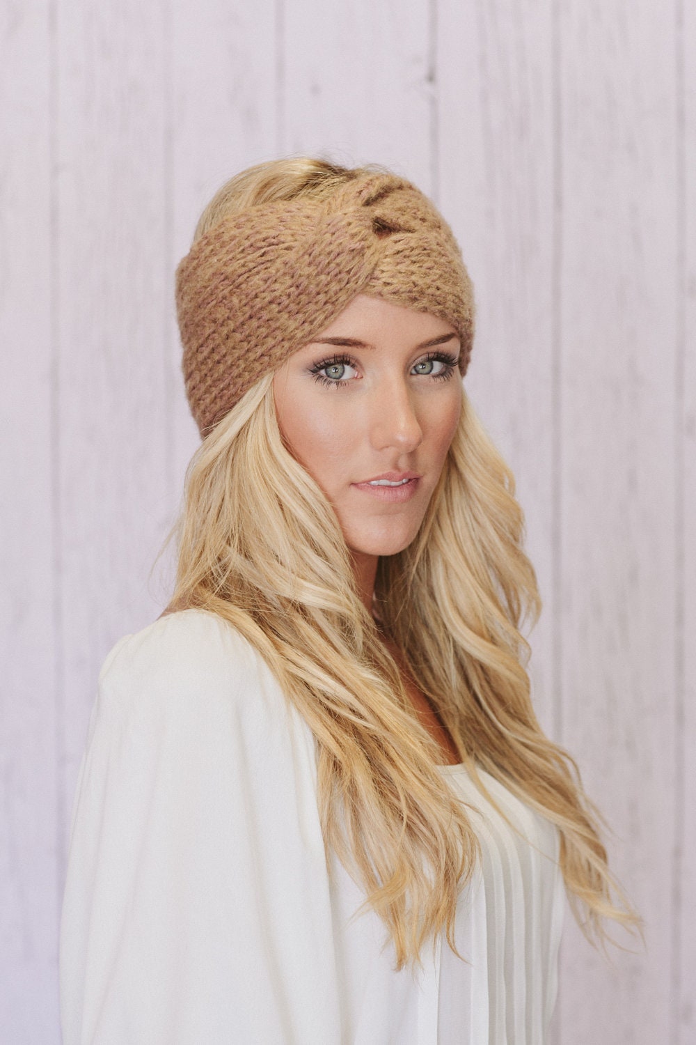 Knitted Turband Headband Mohair Ear Warmer Salted Caramel Twist (HBK2-05)