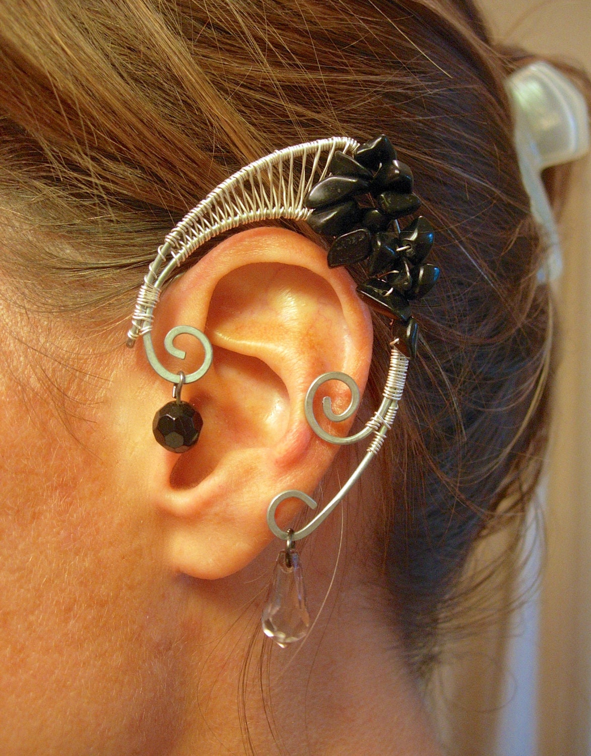 Pair of Faerie Elf Ear Cuffs with Black Jasper and Silver Plated Wire, Renaissance Festival, Spirituality, Costume, Fairy, Elves