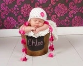 Newborn Girl Hat, Newborn Photo Prop,  White Beanie With a Bright Pink Button and Pom Poms.
