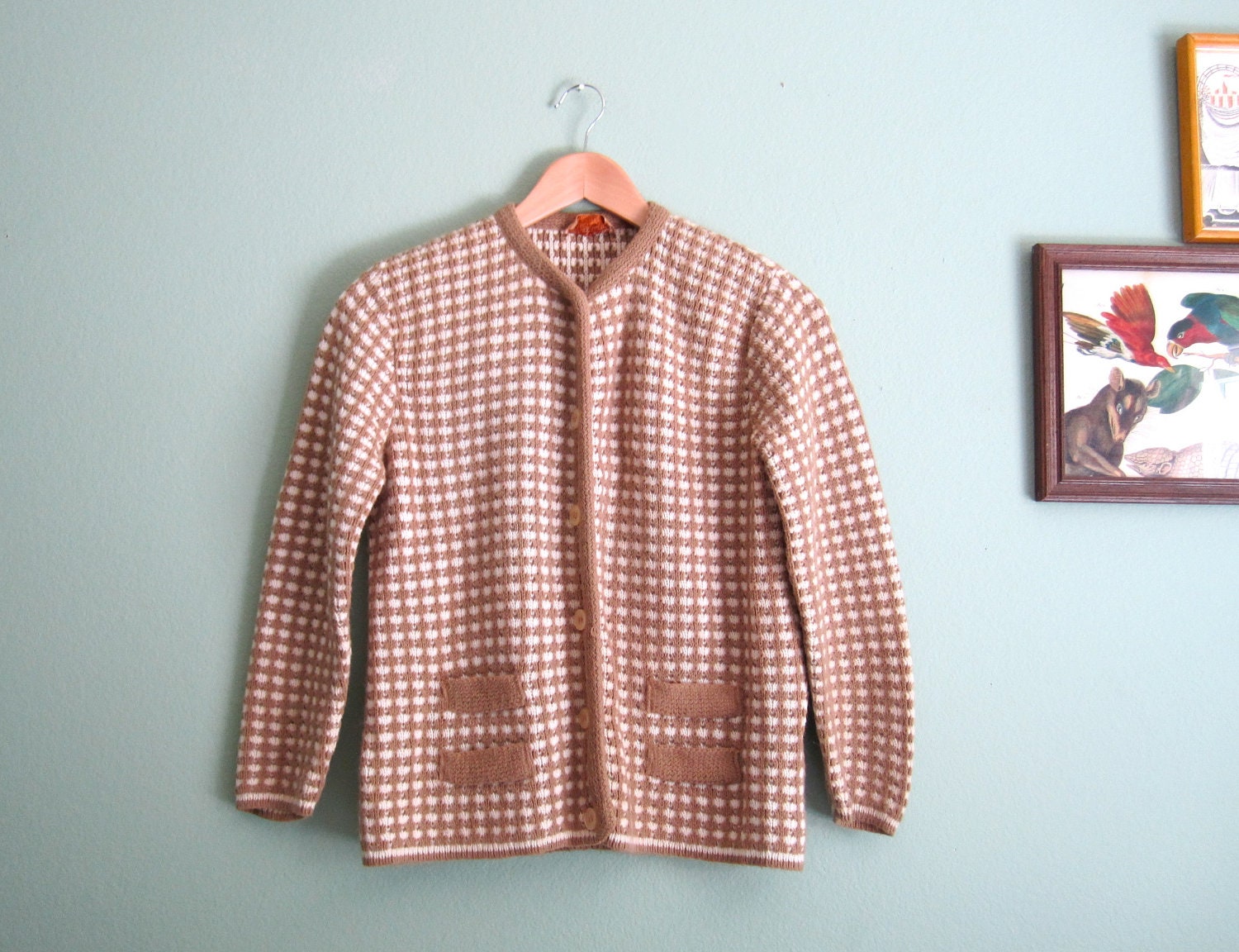 houndstooth cardigan/ beige 60s sweater/ 1960s houndstooth cardigan S
