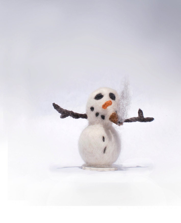 Snowman smoking a cigar - needle felted - acrylic accents
