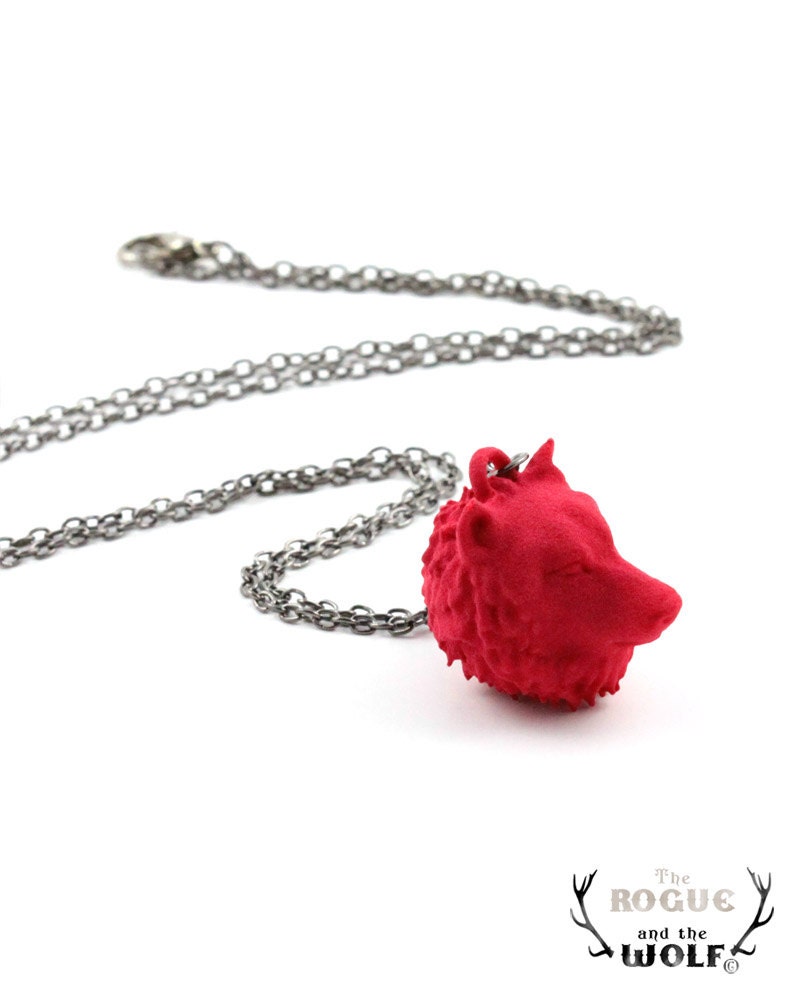 Red Wolf Head Necklace, cool jewelry, animal pendant, wolf head jewelry, modern jewelry, animal head necklace