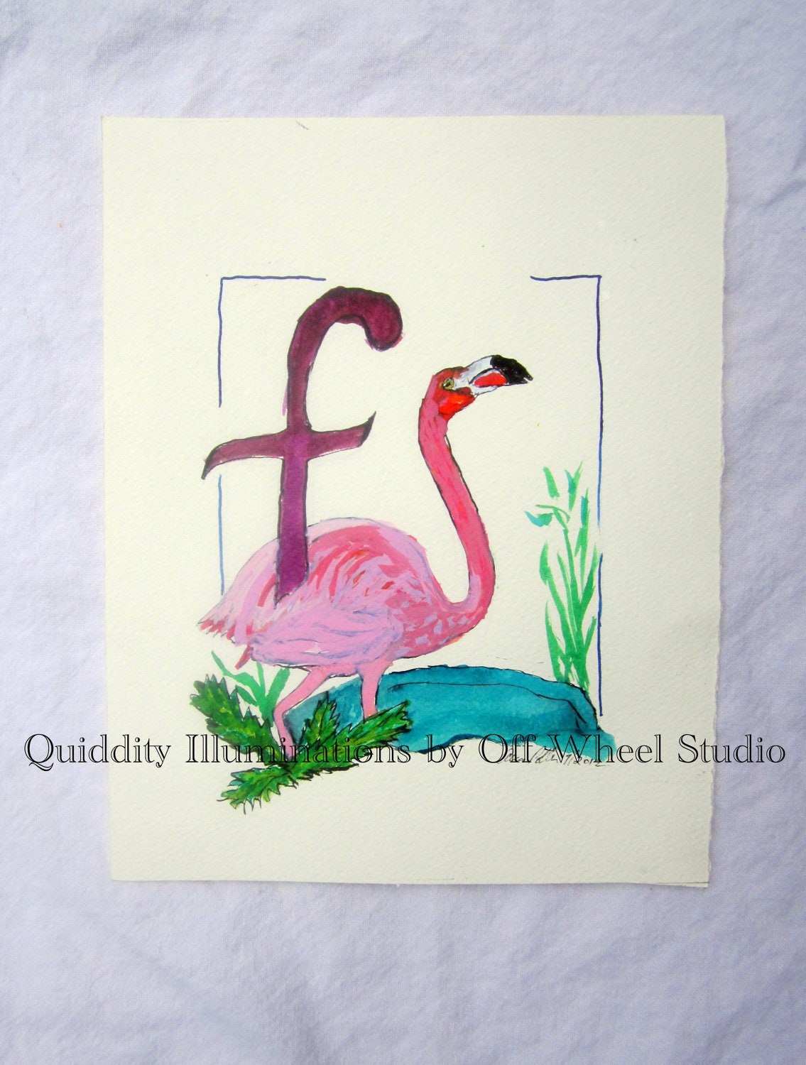 Alphabet Art pen and Ink drawing F for Flamingo children's wall art